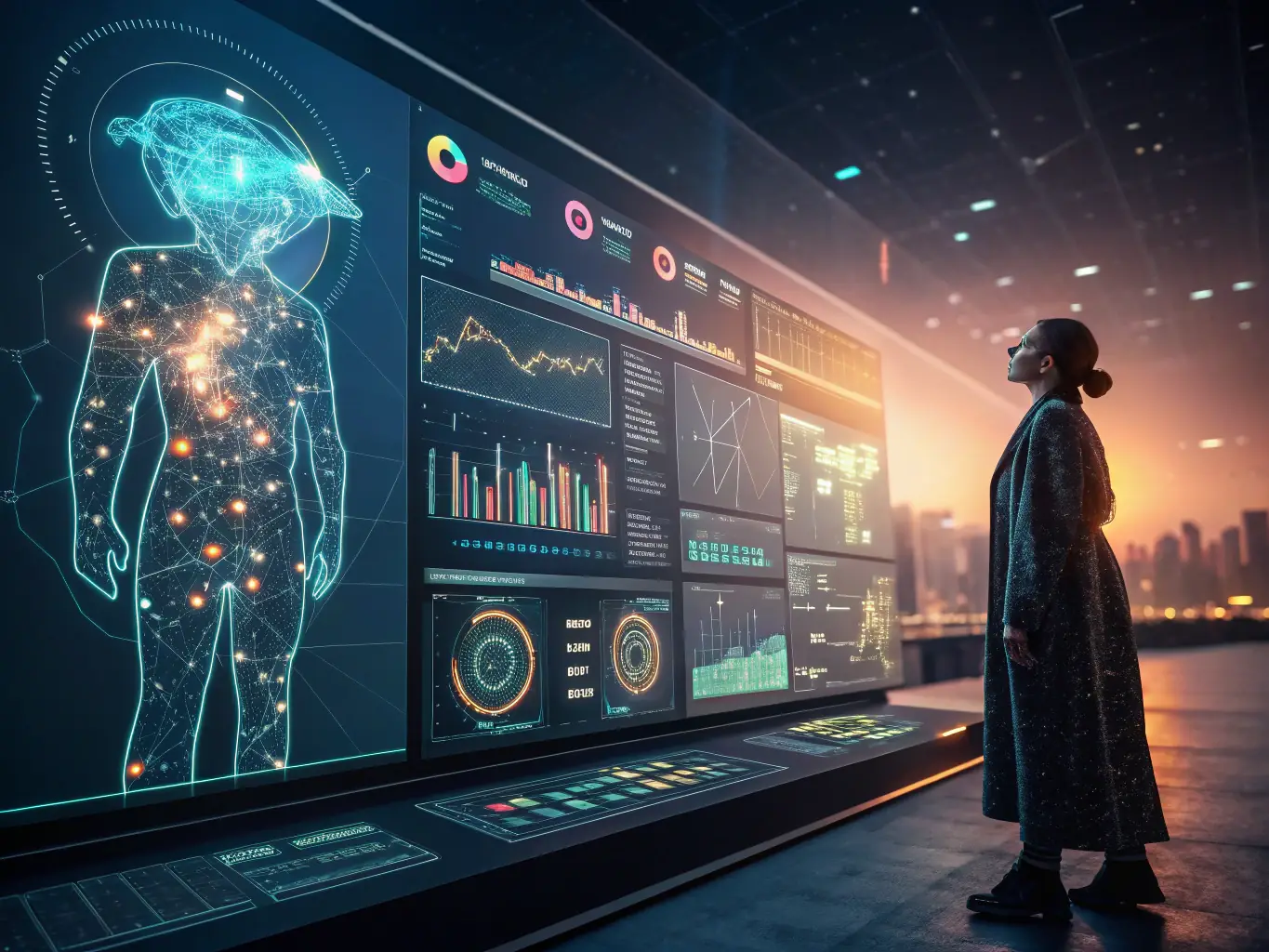 A visual representation of AI agents managing and optimizing complex workflows in a business environment, showcasing the automation of tasks and processes.