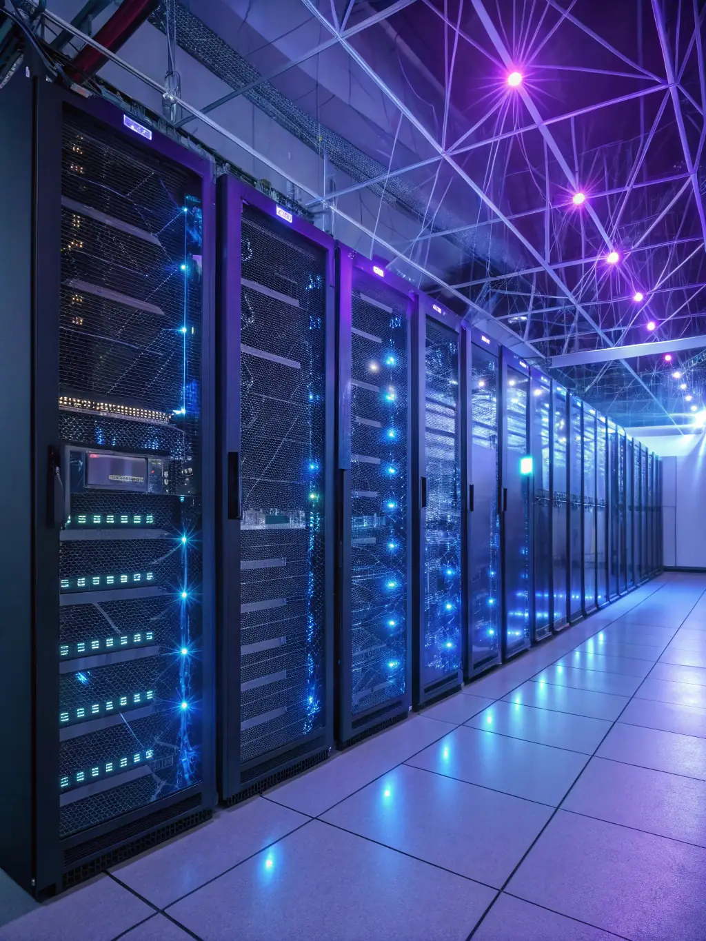 A modern, secure data center interior with European Union flags subtly visible, emphasizing advanced server racks and digital security icons, representing GDPR-compliant infrastructure for an AI automation company.
