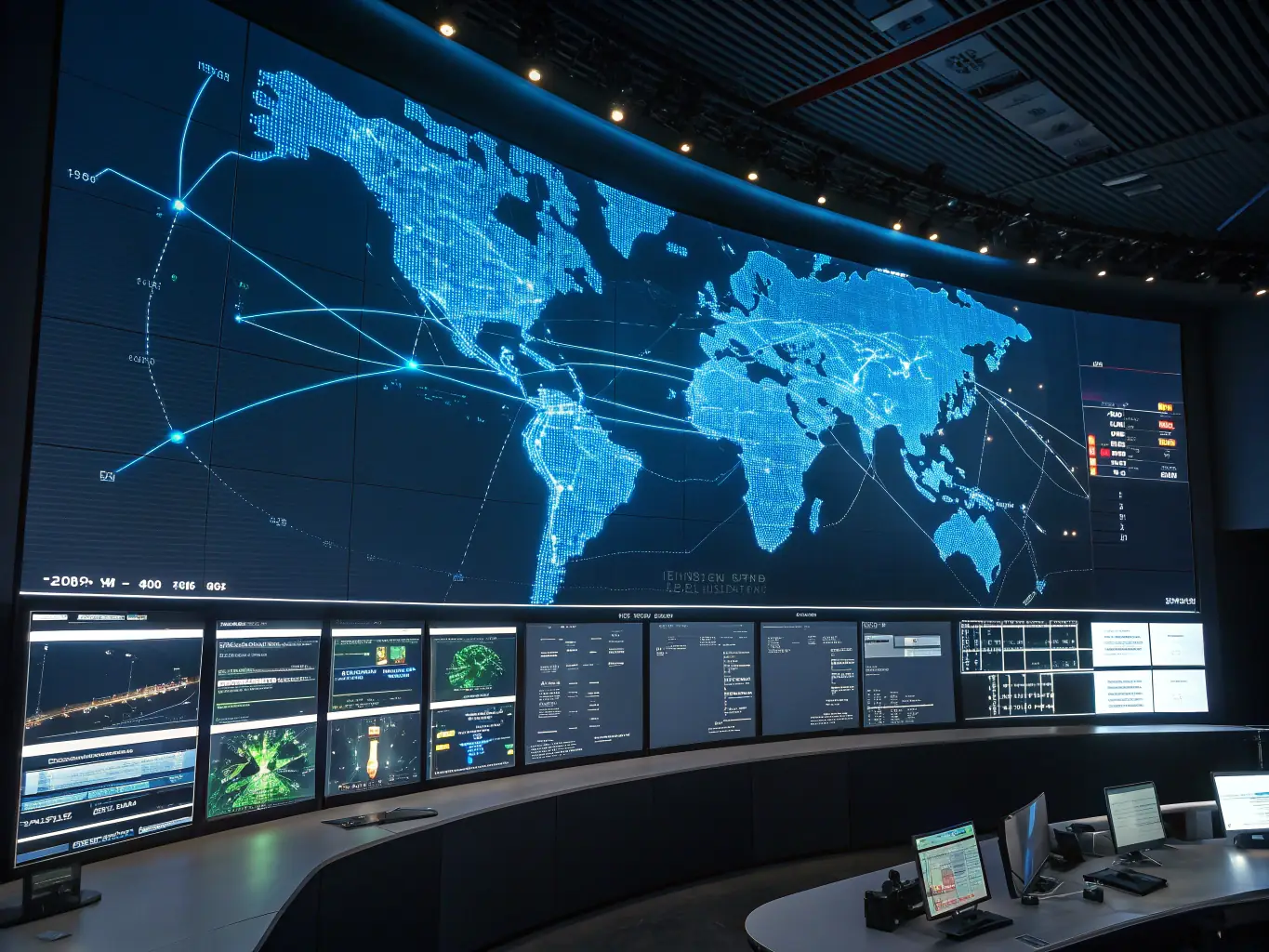A logistics dashboard with an AI bot monitoring freight shipments, displaying real-time tracking, alerts for delays, and automated status updates, highlighting streamlined supply chain management.