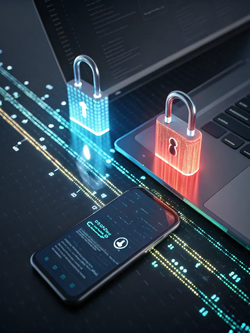 A stylized illustration of encrypted data streams with a bank vault door and SSL/AES-256 encryption icons, conveying robust, bank-level security for sensitive business data.