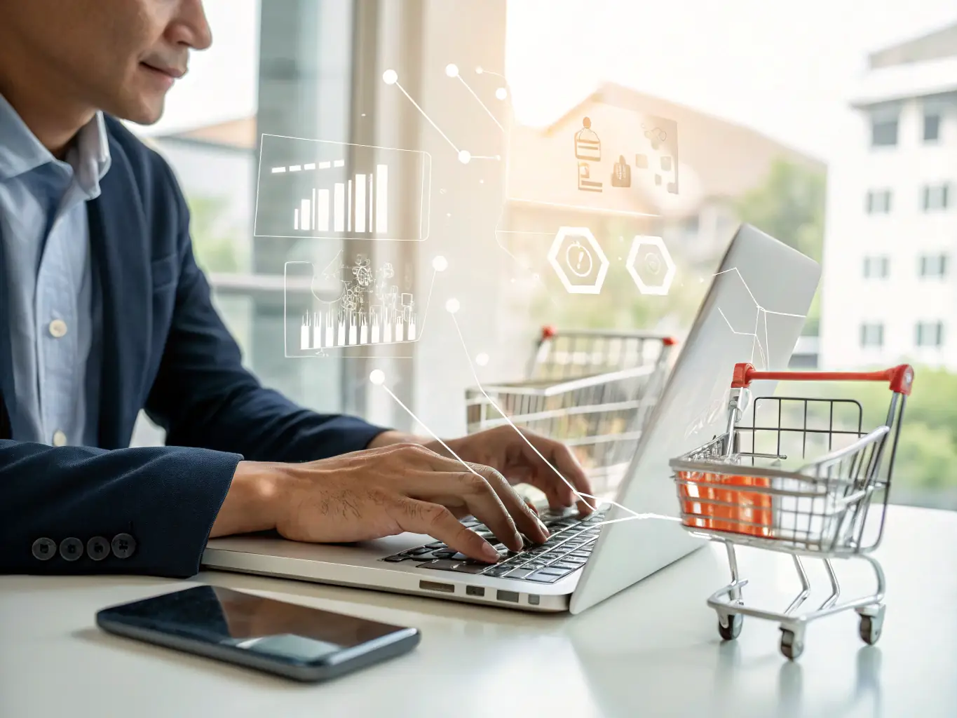A digital workspace with an AI agent synchronizing product offers between multiple e-commerce platforms, with notifications and synchronized listings visible on screen, illustrating real-time offer management.